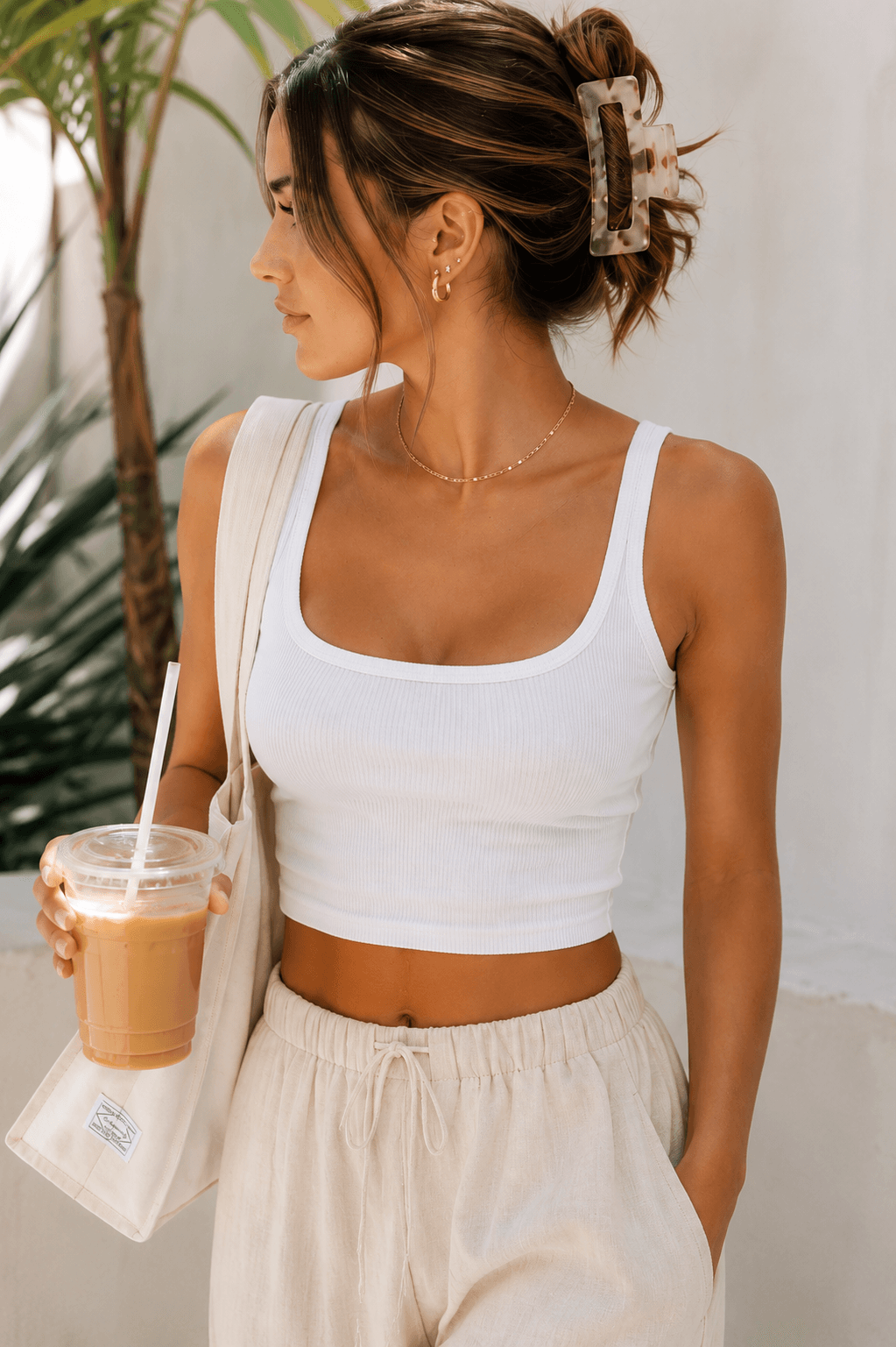 neutral square rectangle clips outfit rib tank palazzo pants clean girl Amazon