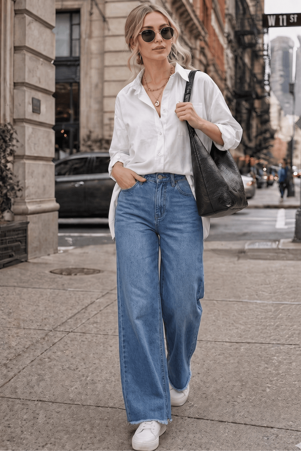 classic white oversized button down shirt straight leg jeans white sneakers Amazon