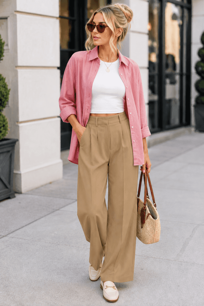 relaxed linen wide leg trouser basic tee oversized shirt spring brunch outfit Amazon