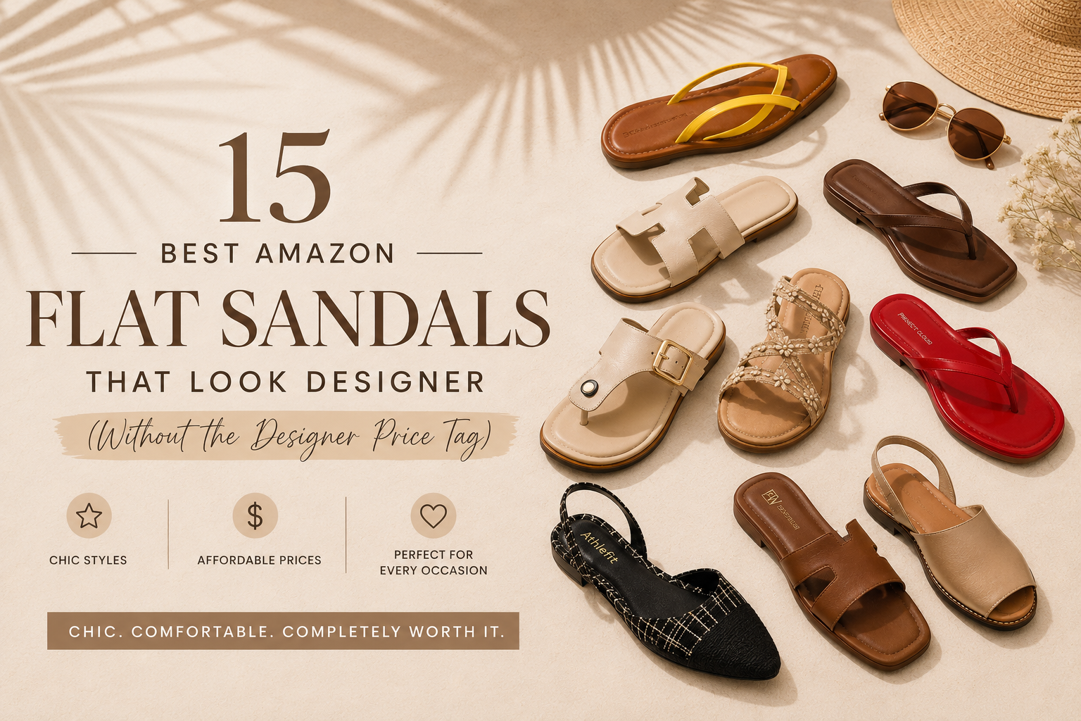 Collage-style flat lay of designer-look flat sandals from Amazon, including thong, slingback, and woven styles in rich summer colors