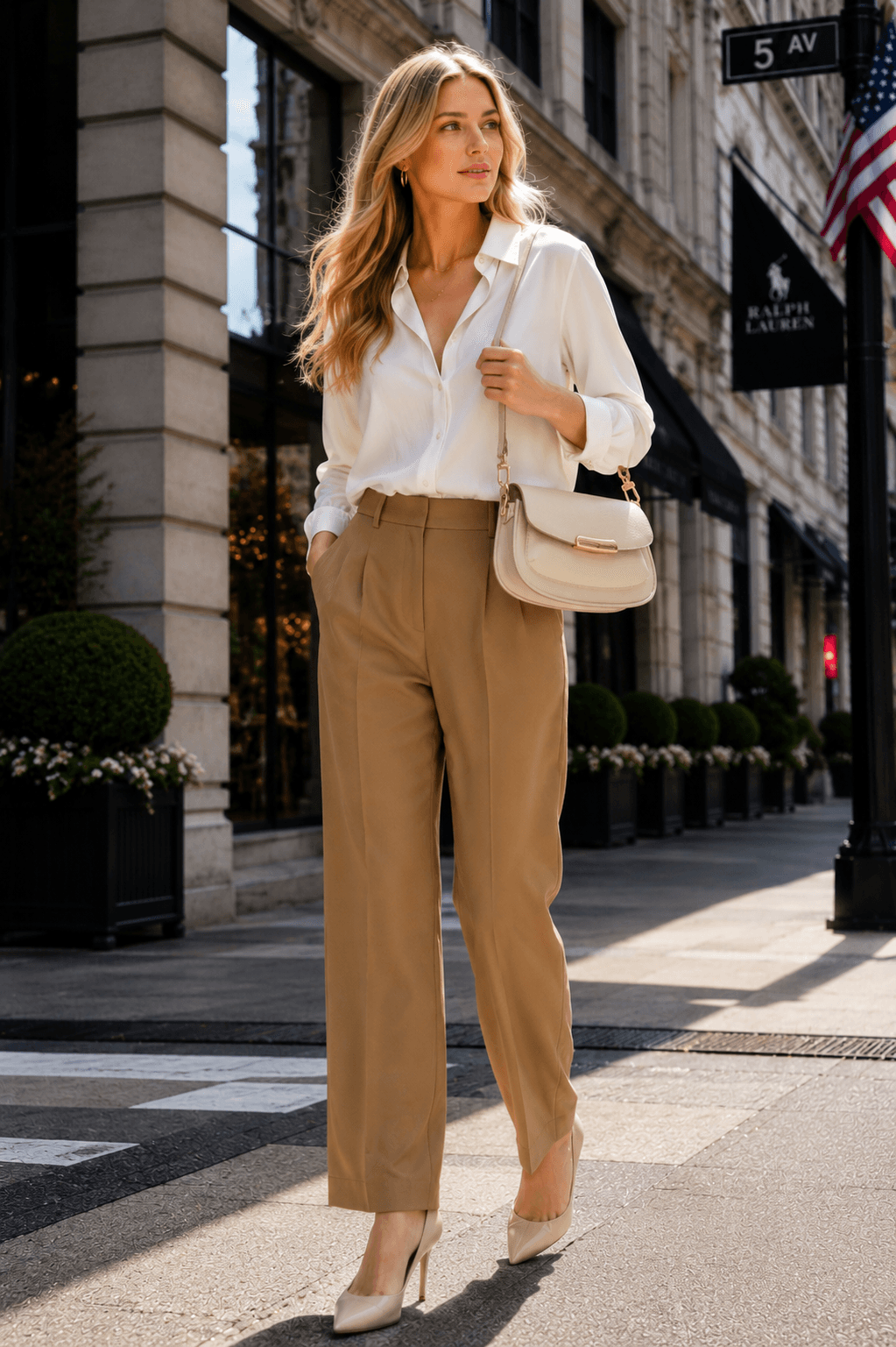 elegant neutral brunch outfit wide leg pants satin button down pointed toe heels Amazon