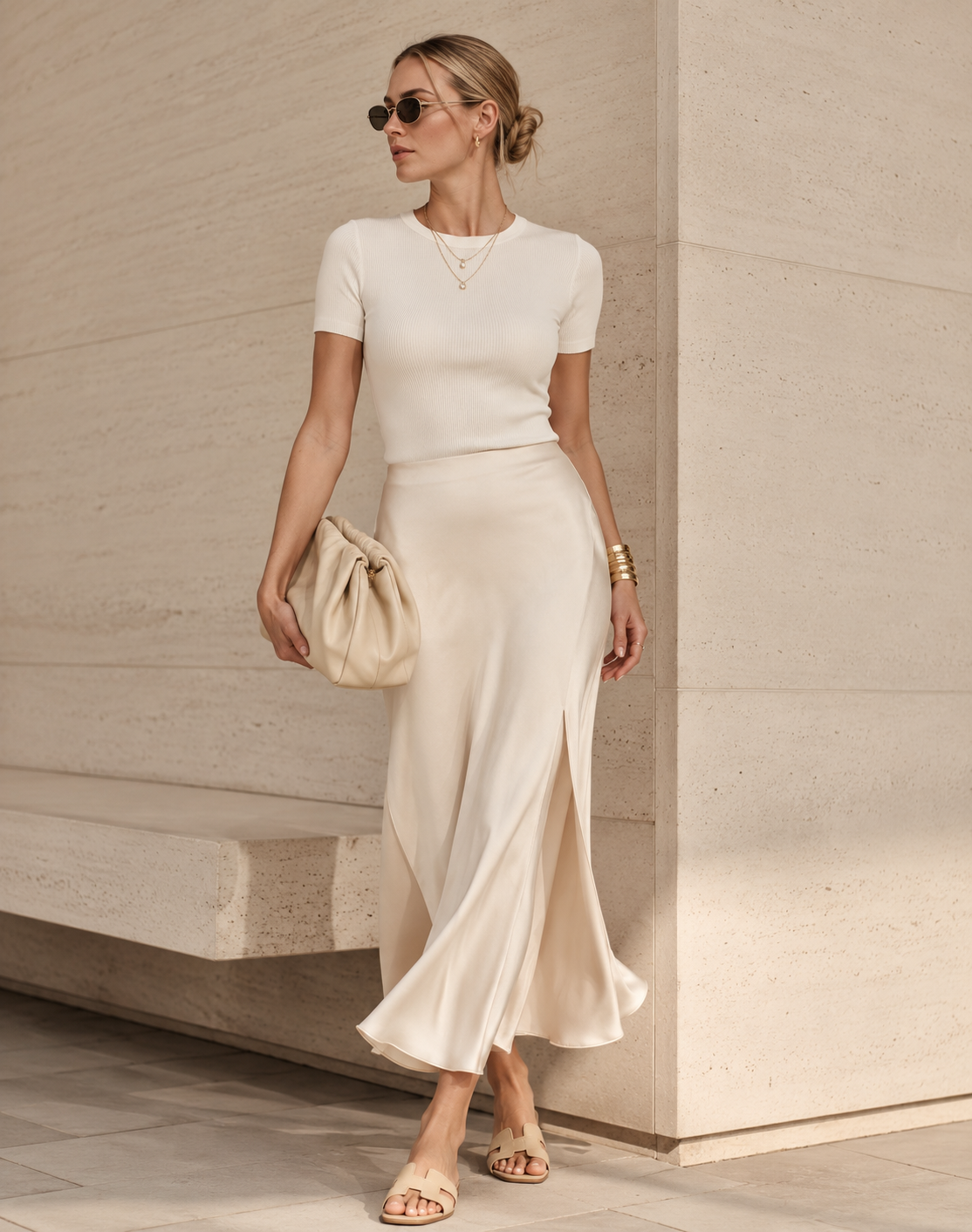 satin midi skirt fitted top neutral sandals chic minimal outfit Amazon