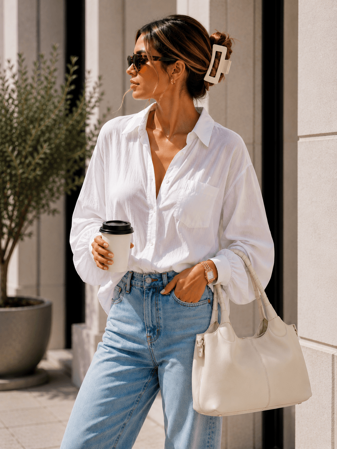 strong hold claw clips outfit linen shirt straight leg jeans Amazon