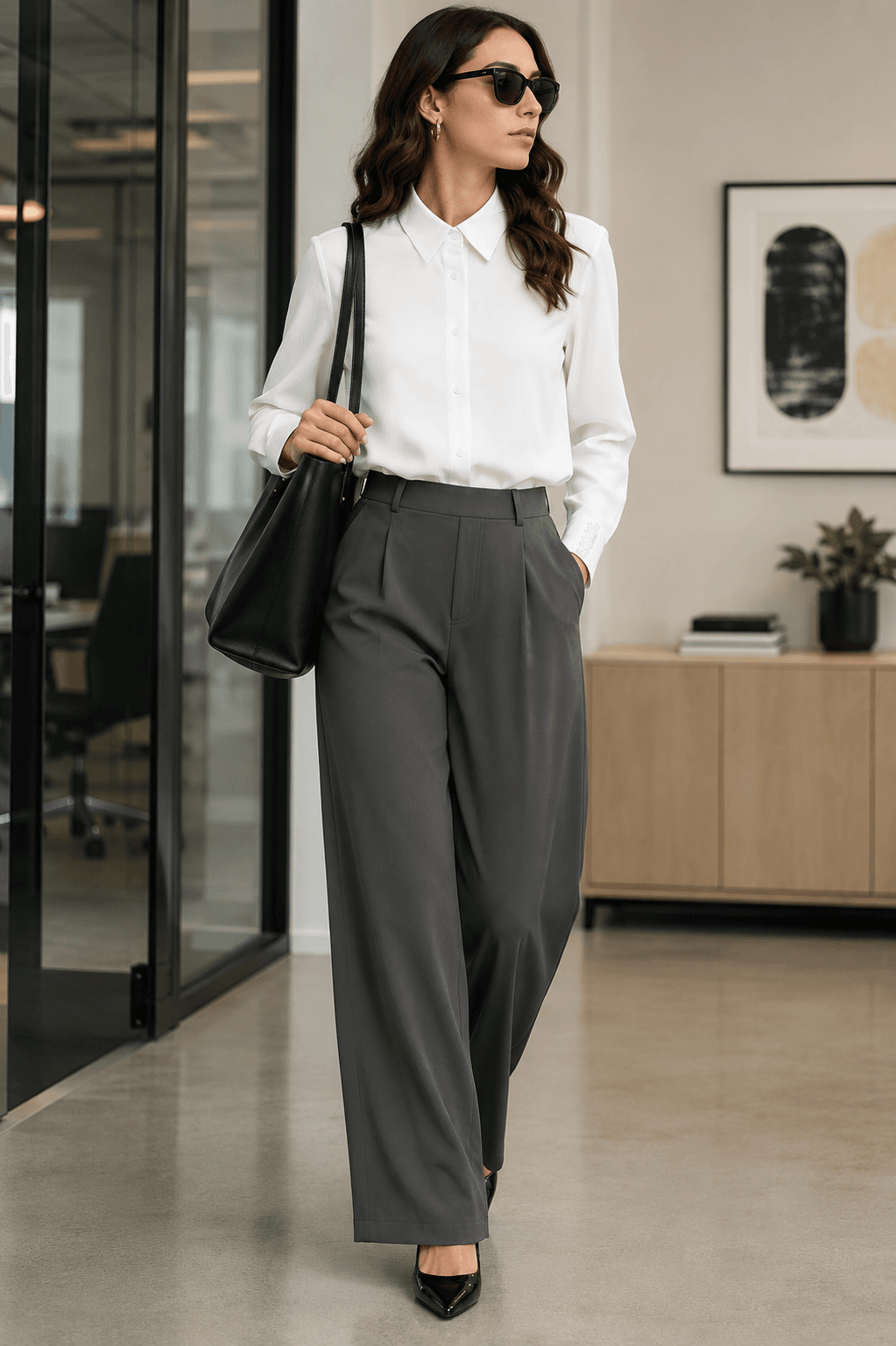 white button down blouse grey trouser timeless office look Amazon
