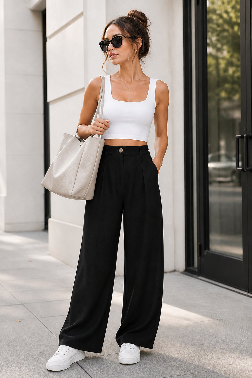wide leg dress pants strappy tank sneakers tote bag elevated casual outfit Amazon