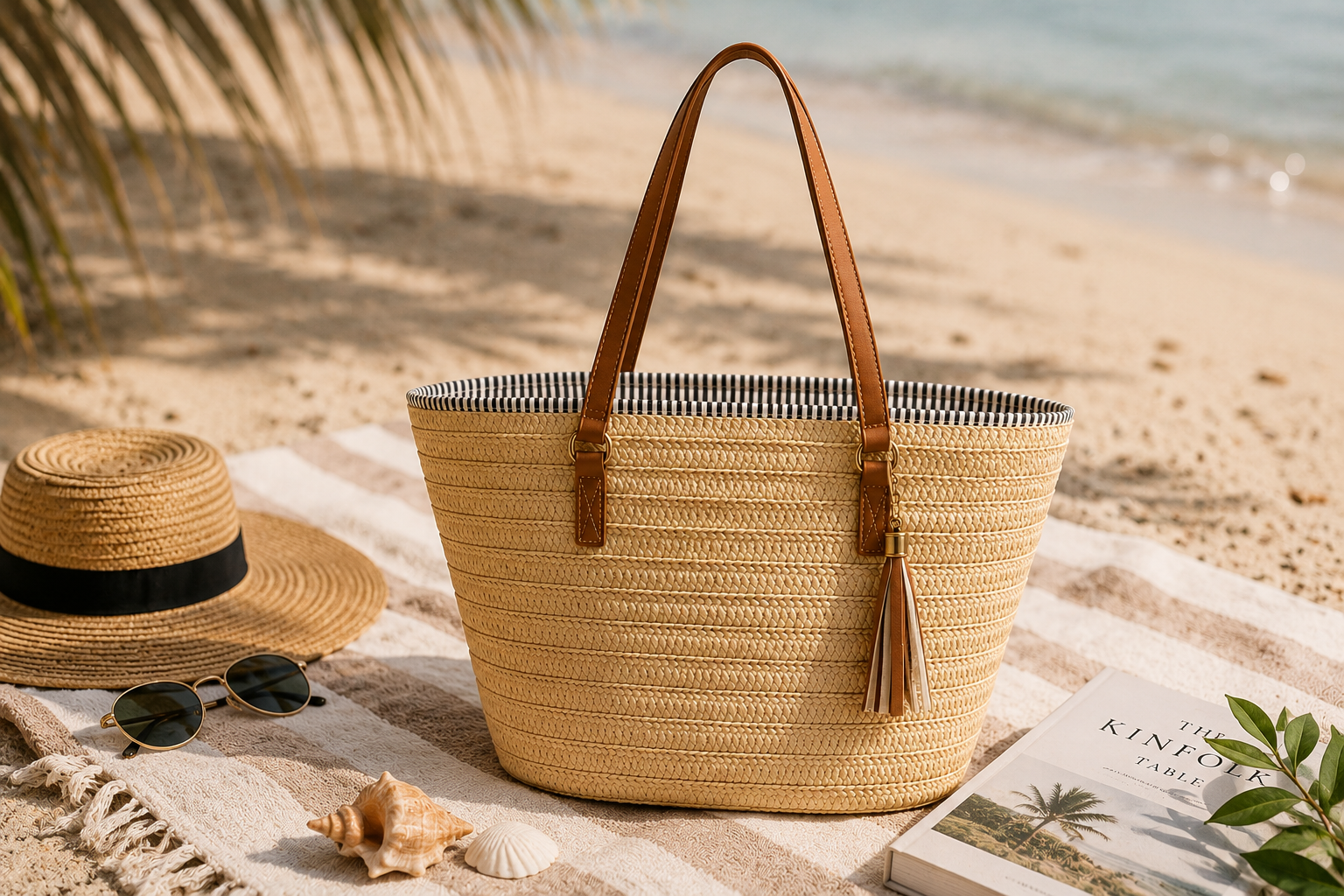 Woven straw beach tote bag with tan handles for summer vacation outfits